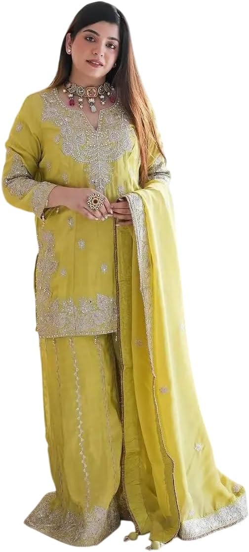 Vaidehi craft Women's Chinon Silk Embroidered Kurti With Sharara & Dupatta Set with Rivet Moti Work
