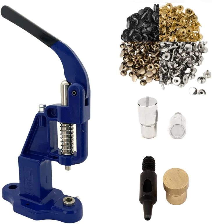 9mm Rivets Kit (1000 Sets) with Hand Press Machine, Dies and Hole Punch. Leather Rivets Single Round Cap Metal Stud Fasteners for Bag Belt Wallet Jeans (Navy Press & Combo (4color) Rivets)