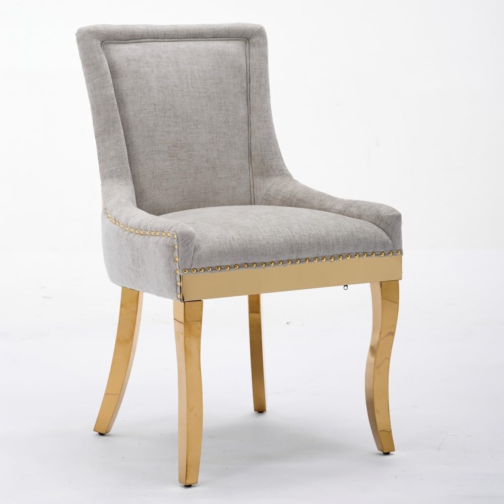 Chenille Dining Chairs Set of 2, Modern Upholstered Accent Chairs with Curved Gold-Plated Legs & Rivet Trim, Textured Fabric, One-Piece Structure for Dining/Lounge(Beige + Chenille)