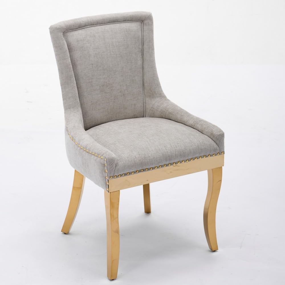 Chenille Dining Chairs Set of 2, Modern Upholstered Accent Chairs with Curved Gold-Plated Legs & Rivet Trim, Textured Fabric, One-Piece Structure for Dining/Lounge(Beige + Chenille)