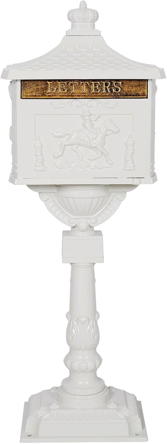 Cast Aluminum Post Mount Mailbox, Heavy Duty Courtyard Villa Decoration Vertical Security Postal Mailbox, White