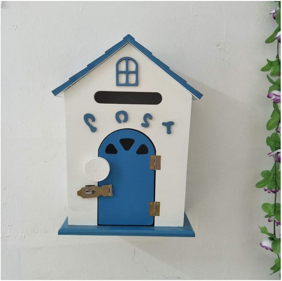 Letter Boxes for Outside Post Boxes Wall Mounted Wall Hanging Wooden Letter Box School Suggestion Box Pastoral Wind Painted Bird House Type Post Box Mailbox (Color : Blue)