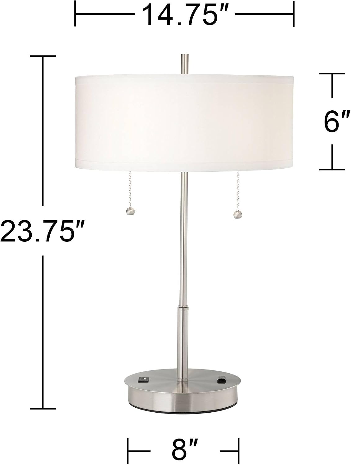 360 Lighting Nikola Modern Accent Table Lamps 23.75' High Set of 2 with Hotel Style USB and AC Power Outlet Slim Silver White Drum Shade for Living Room Desk Bedroom House Bedside Nightstand
