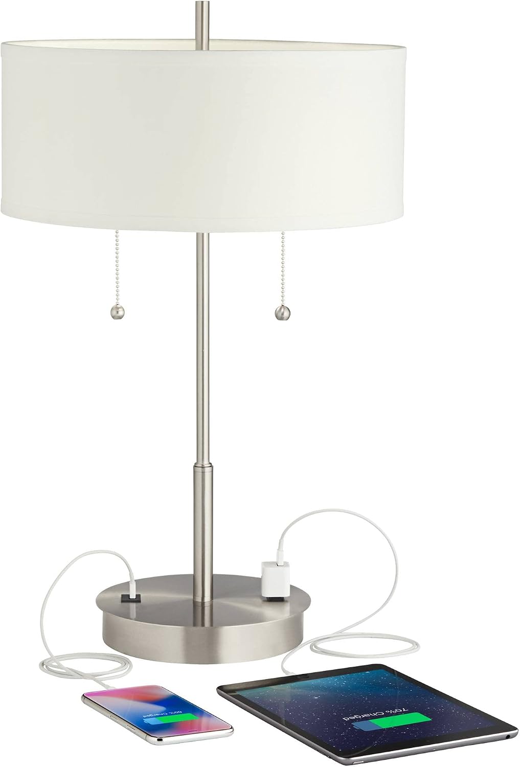 360 Lighting Nikola Modern Accent Table Lamps 23.75' High Set of 2 with Hotel Style USB and AC Power Outlet Slim Silver White Drum Shade for Living Room Desk Bedroom House Bedside Nightstand