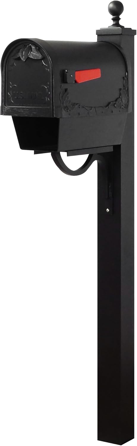 Special Lite Floral Curbside Mailbox with Paper Tube with Springfield Post - Black Aluminum Mailbox with Post - SCF2003-SPK710-BLK