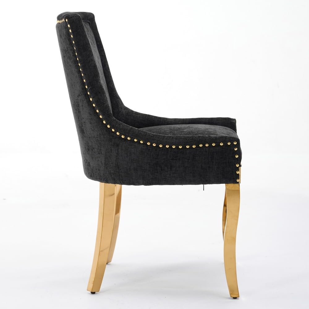 Chenille Dining Chairs Set of 2, Modern Upholstered Accent Chairs with Curved Gold-Plated Legs & Rivet Trim, Textured Fabric, One-Piece Structure for Dining/Lounge(Black + Chenille)