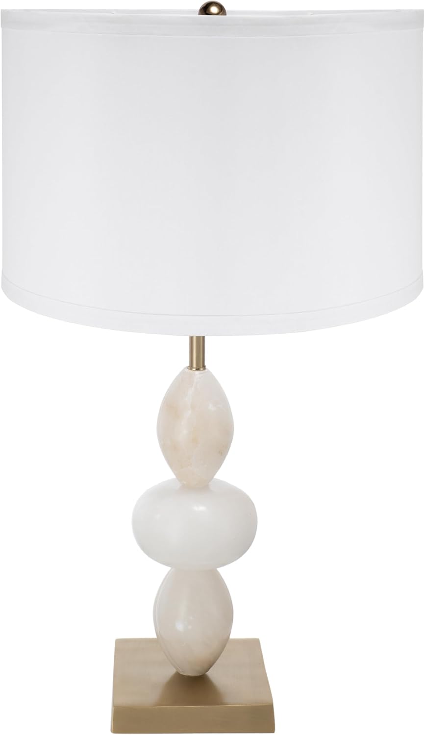 Montary 26.3' White and Gold Three Tiered Round Alabaster Table Lamp with Drum Shade, Contemporary Aesthetics Bedside Desk Lamp for Bedroom Living Room Office Café Bookcase Home Decor
