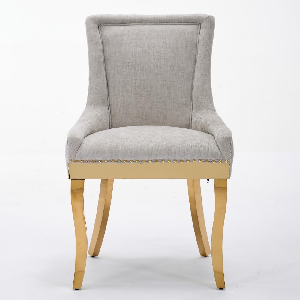 Chenille Dining Chairs Set of 2, Modern Upholstered Accent Chairs with Curved Gold-Plated Legs & Rivet Trim, Textured Fabric, One-Piece Structure for Dining/Lounge(Beige + Chenille)