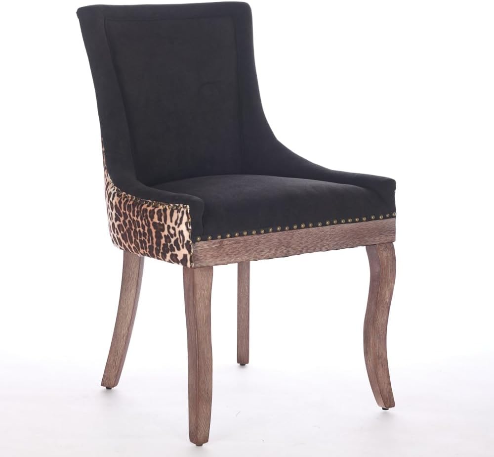 Dining Chairs Set of 2, Thickened Fabric Upholstered Chair with Neutral Solid Wood Legs & Bronze Nailhead Trim, Comfortable Accent Chairs for Dining Room/Kitchen/Living Space(Leopard + Fabric)