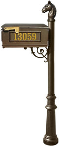 Lewiston Equine Mailbox Post System with Decorative Fluted Base, Horsehead Finial and Gold Vinyl Personalized Numbers, Bronze