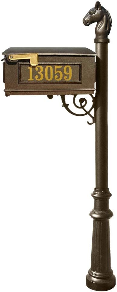 Lewiston Equine Mailbox Post System with Decorative Fluted Base, Horsehead Finial and Gold Vinyl Personalized Numbers, Bronze