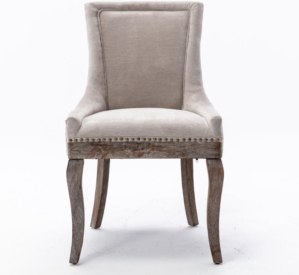 Dining Chairs Set of 2, Thickened Fabric Upholstered Chair with Neutral Solid Wood Legs & Bronze Nailhead Trim, Comfortable Accent Chairs for Dining Room/Kitchen/Living Space(Beige + Fabric)