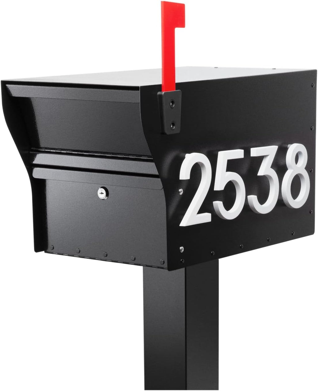 Whitehall MailVault Streetside Locking Mailbox with Standard Post and Personalizable Stand-Off Numbers – Steel, Secure Weather Resistant Modern Square Mailbox & Post (Black/White)