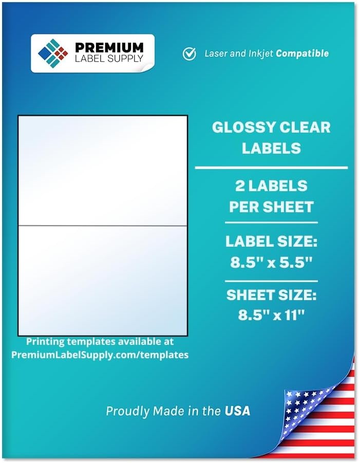 Premium Label Supply Large Glossy Clear Labels – 8.5' x 5.5' – Laser/Inkjet Compatible – (2 per Sheet), 1000 Sheets – 2,000 Total Adhesive Labels
