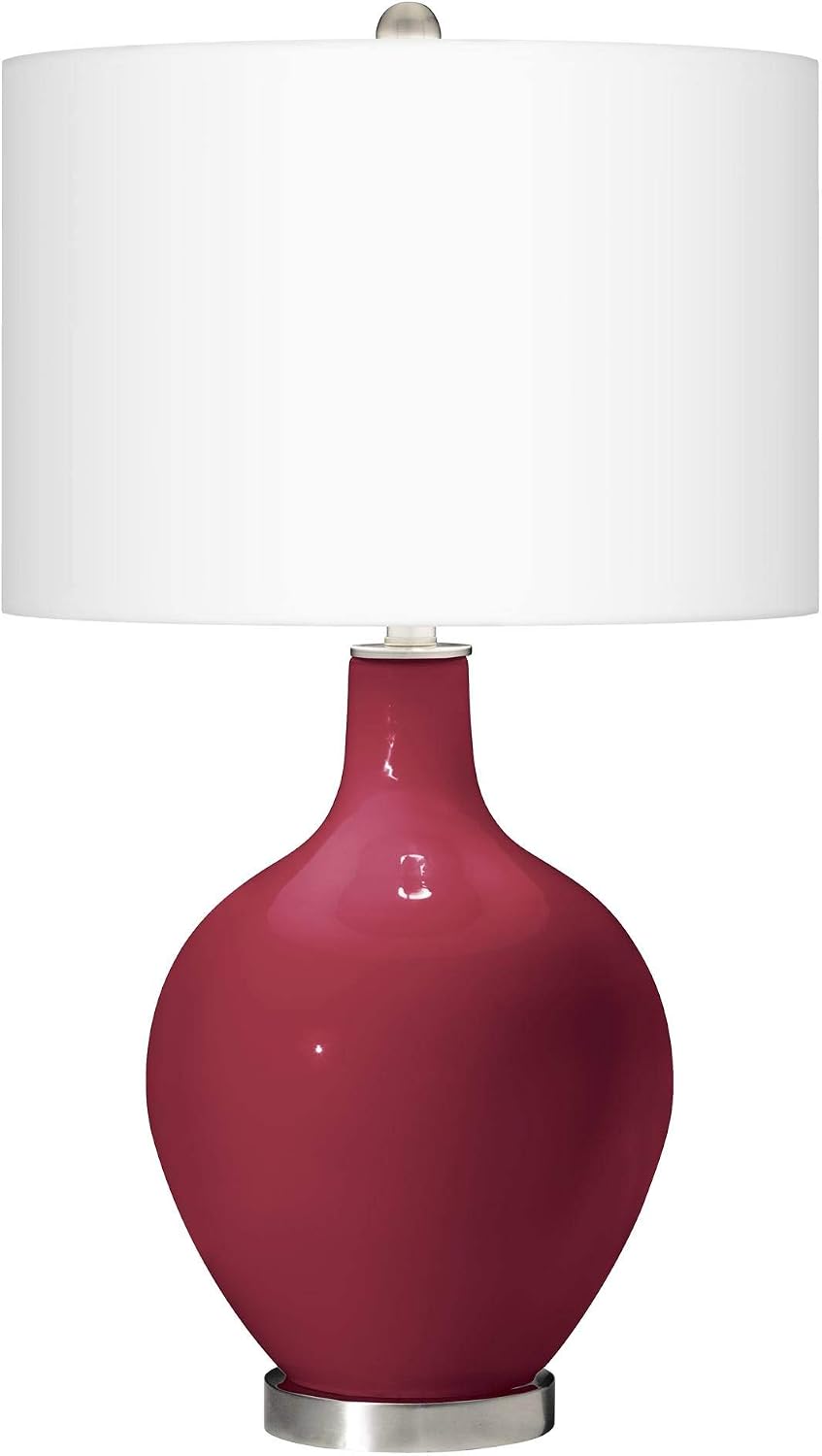 Color + Plus Modern Table Lamp 28.5' Tall Antique Red Glass OVO White Linen Drum Shade for Living Room Family Bedroom Bedside Nightstand Office