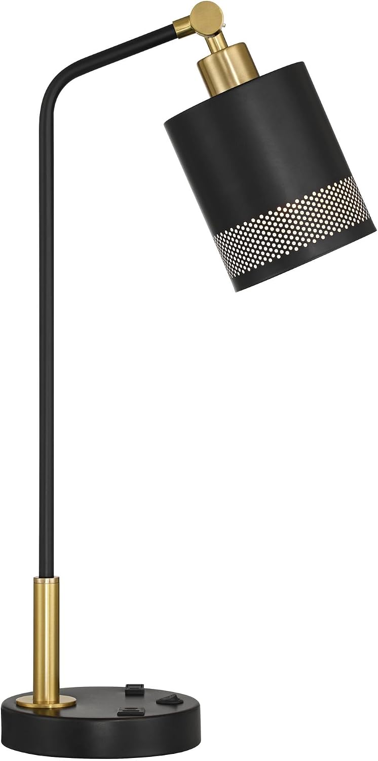 Possini Euro Design Keller 24' High Small Modern Desk Lamp USB Port AC Power Outlet Black Gold Brass Finish Metal Single Shade Home Office Living Room Charging Bedroom Bedside Nightstand House