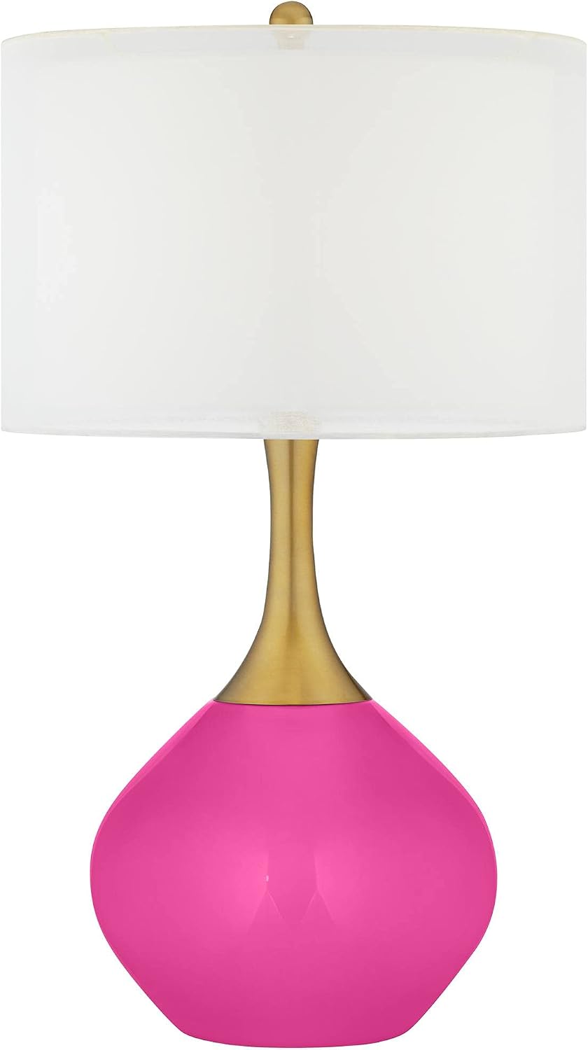 Color + Plus Nickki 30 1/2' Tall Large Mid Century Modern Glass End Table Lamp Fuchsia Pink Gold Brass Finish Metal Base Single White Shade Living Room Bedroom Bedside Nightstand House Office