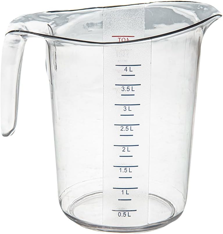 Restaurantware RW Base 4 Quart Measuring Jars 10 Durable Measuring Beakers - Metric And Imperial Units V-Shaped Spout Clear Plastic Measuring Cups Handle With Thumb-Grip Tolerates Up To 248F