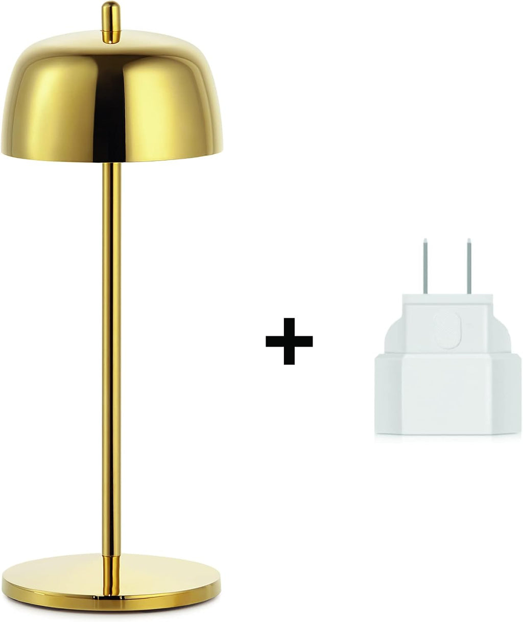 Theta Table lamp Dimmable Wireless LED New 2022 | US Plug | IP65 Protection, Indoor/Outdoor use | Contact Charging Base | Long Term up 12 Hours, US Plug Adapter (Gold)