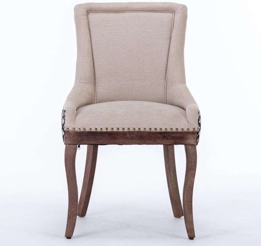 Dining Chairs Set of 2, Thickened Fabric Upholstered Chair with Neutral Solid Wood Legs & Bronze Nailhead Trim, Comfortable Accent Chairs for Dining Room/Kitchen/Living Space(Beige+Patterned + Fabric)