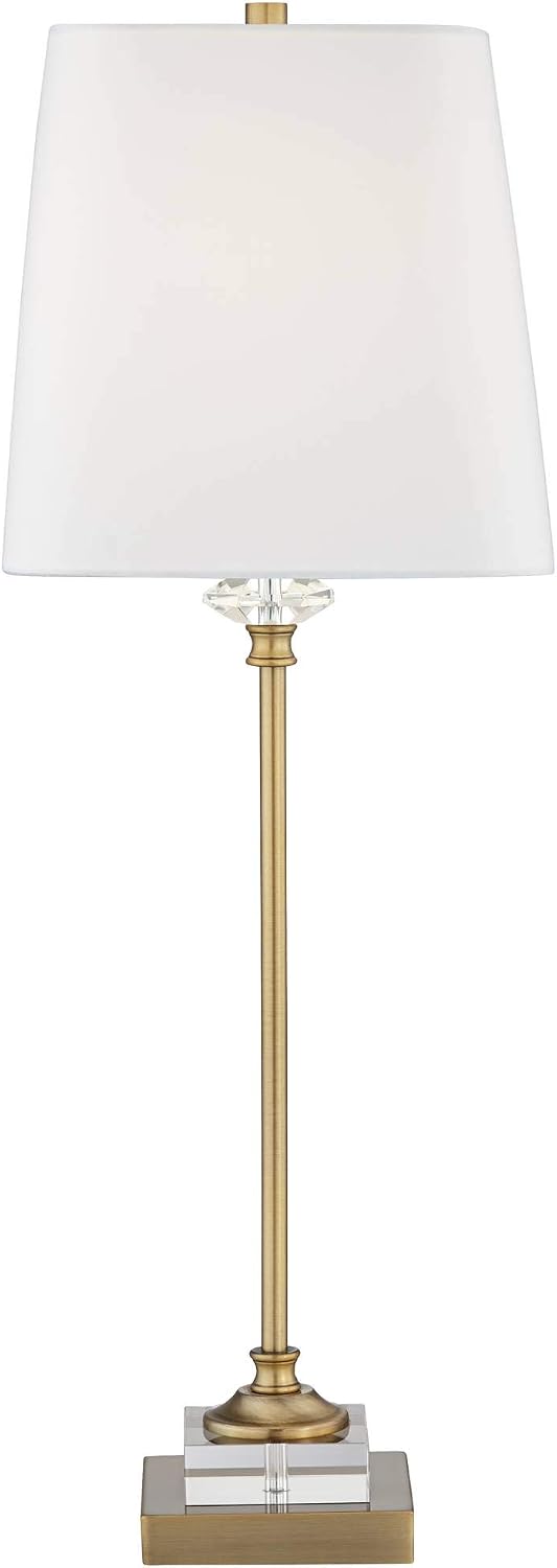 Regency Hill Julia Traditional Buffet Table Lamp 29 1/2' Tall Skinny Gold Column Clear Crystal Glass White Fabric Tapered Square Shade for Living Room Bedroom House Home Dining Family Entryway