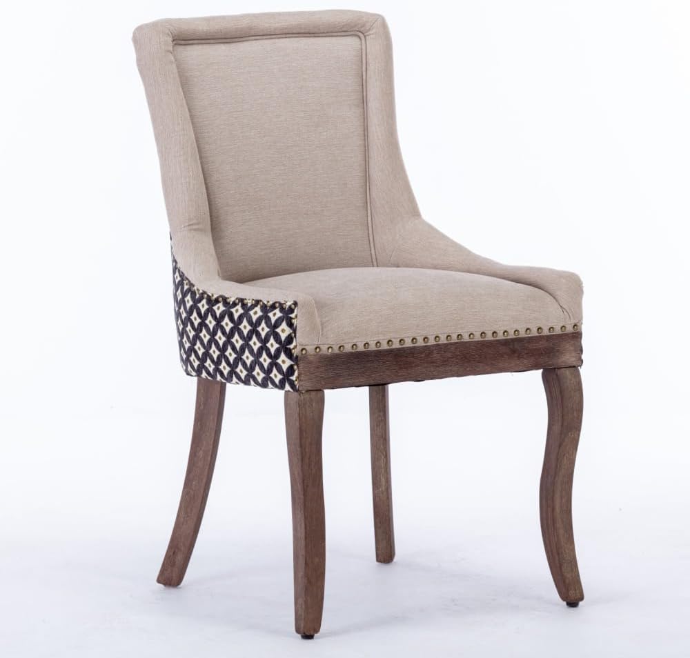 Dining Chairs Set of 2, Thickened Fabric Upholstered Chair with Neutral Solid Wood Legs & Bronze Nailhead Trim, Comfortable Accent Chairs for Dining Room/Kitchen/Living Space(Beige+Patterned + Fabric)