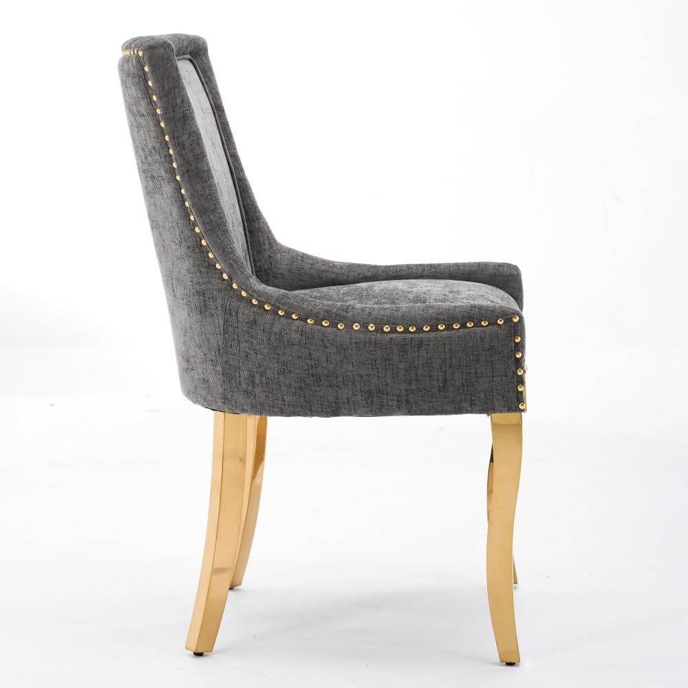 Chenille Dining Chairs Set of 2, Modern Upholstered Accent Chairs with Curved Gold-Plated Legs & Rivet Trim, Textured Fabric, One-Piece Structure for Dining/Lounge(Gray + Chenille)