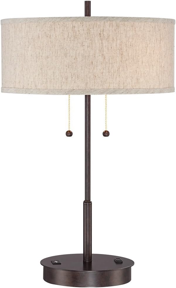 360 Lighting Nikola 23 1/2' High Modern Accent Table Lamp with USB Charging Ports A+C and AC Power Outlet in Base Bronze Fabric Drum Shade Bedroom Living Room House Desk Bedside Nightstand Office
