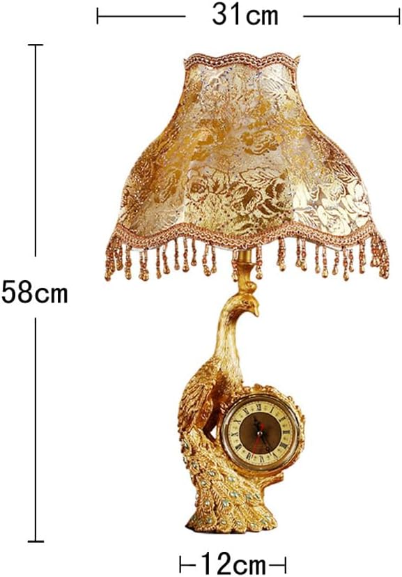 Gold Peacock Table Lamp with Clock Vintage Victorian Table Lamp for Living Room Fabric Shade Antique Bedside Lamp Retro Rustic Desk Nightstand Lamp for Farmhouse Bedroom Home Office Decor