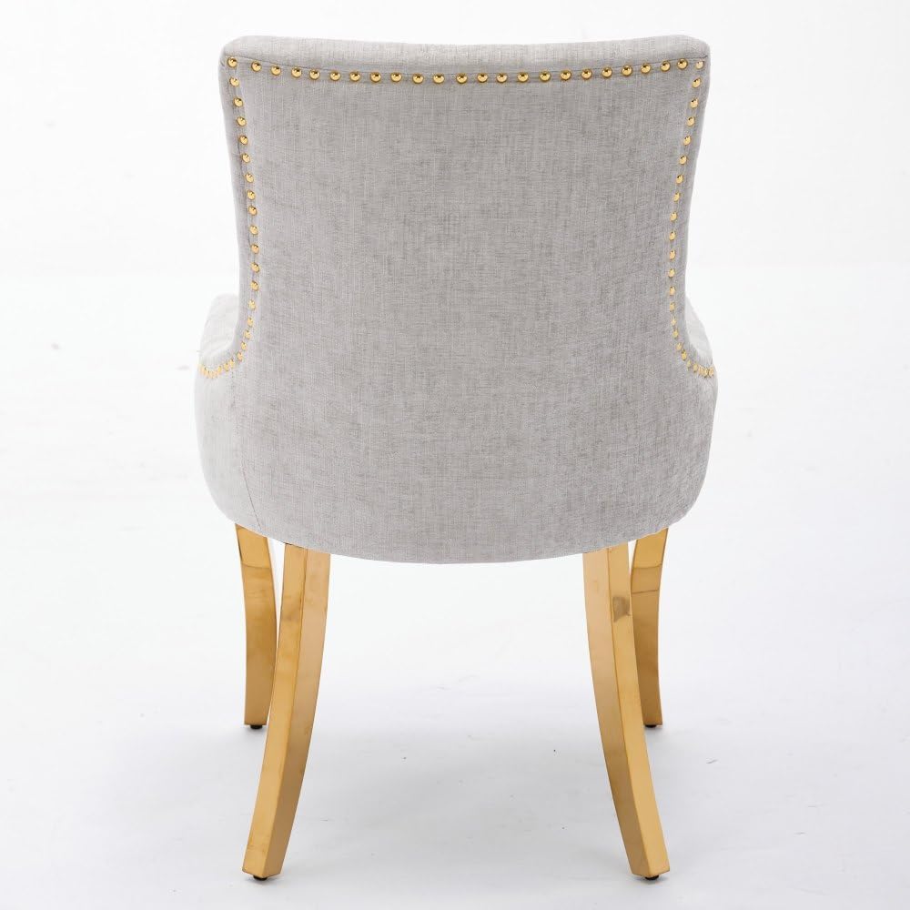 Chenille Dining Chairs Set of 2, Modern Upholstered Accent Chairs with Curved Gold-Plated Legs & Rivet Trim, Textured Fabric, One-Piece Structure for Dining/Lounge(Beige + Chenille)