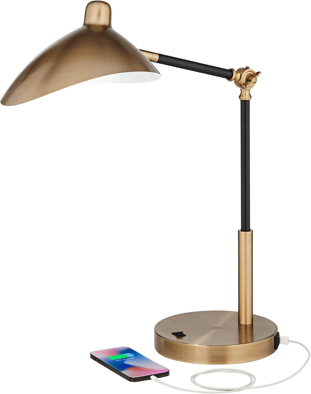 360 Lighting Colborne 28' Tall Mid Century Modern Desk Lamps Set of 2 USB Port Adjustable LED Black Gold Metal Shade Home Office Living Room Charging Bedroom Bedside Nightstand House Reading Kitchen