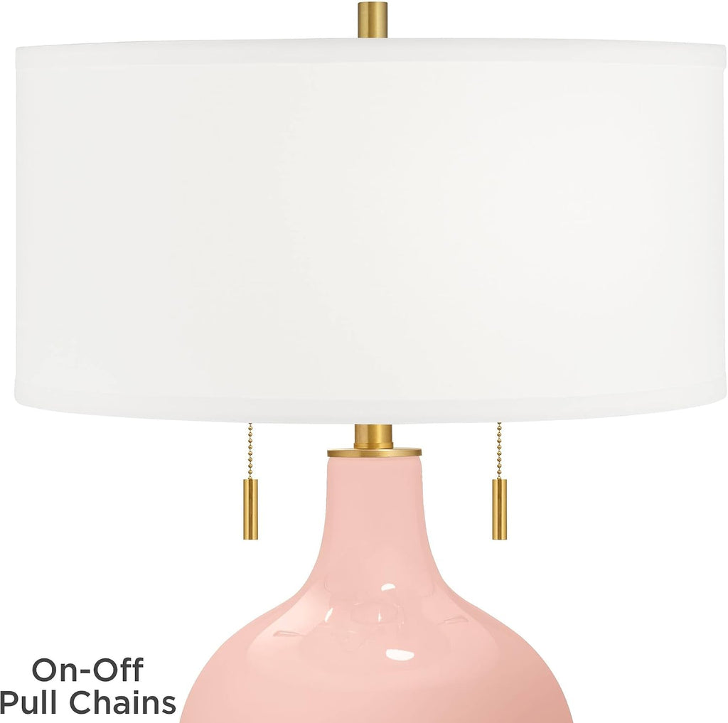 Color + Plus Toby 28' Tall Modern Glass Table Lamp Pull Chain Rose Pink Gold Brass Accents Finish Single Fabric White Shade Living Room Bedroom Bedside Nightstand House Office Home Reading Kitchen
