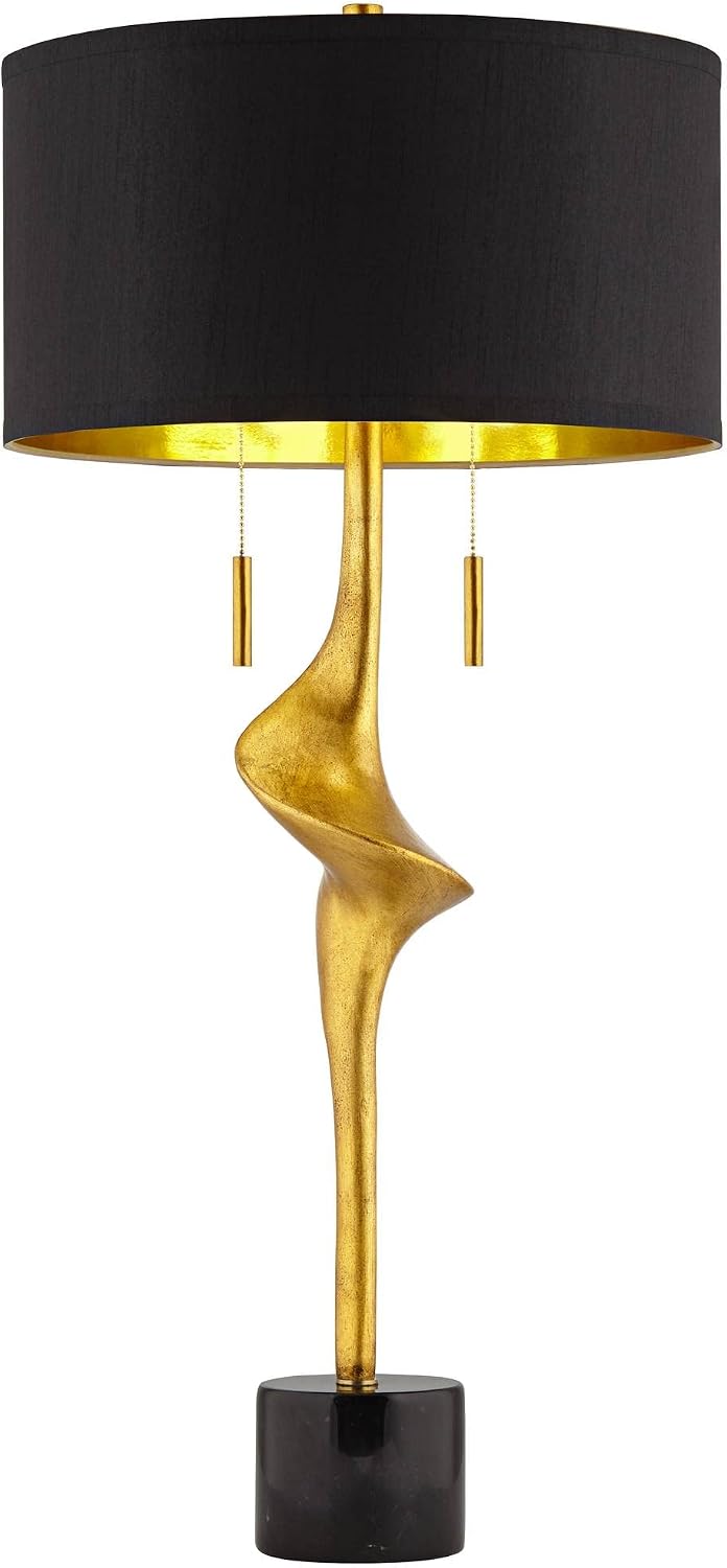 Possini Euro Design Athena Mid Century Modern Buffet Table Lamp 35 1/2' Tall Skinny Sculptural Gold Leaf Metal Abstract Black Drum Shade Decor Bedroom Living Nightstand Bedside Office Kids Room