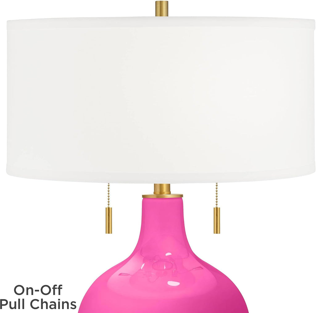 Color + Plus Toby 28' Tall Modern Glass Table Lamp Pull Chain Fuchsia Pink Gold Brass Finish Single Fabric White Shade Living Room Bedroom Bedside Nightstand House Office Family Reading Kitchen