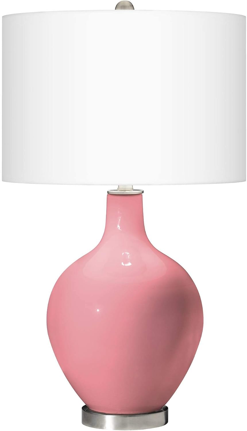 Color + Plus Modern Table Lamp 28.5' Tall Haute Pink Glass OVO White Linen Drum Shade for Living Room Family Bedroom Bedside Nightstand