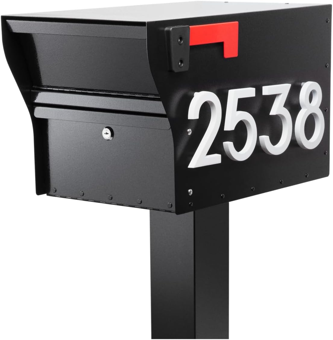 Whitehall MailVault Streetside Locking Mailbox with Standard Post and Personalizable Stand-Off Numbers – Steel, Secure Weather Resistant Modern Square Mailbox & Post (Black/White)