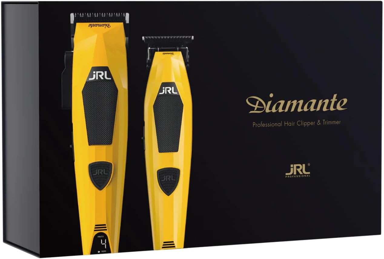 JRL Professional Cordless Hair Clipper & Trimmer Set, Diamante Series – 8200 RPM Brushless Motor, Fade Blade for Fading & Detailing Haircuts, Low Vibration Barber Tools (Yellow)