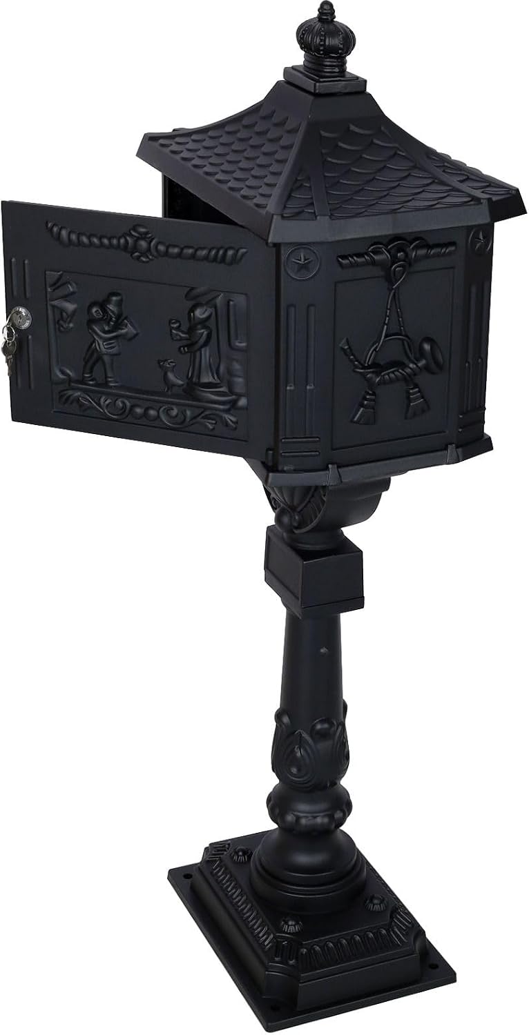 Cast Aluminum Post Mount Mailbox, Heavy Duty Courtyard Villa Decoration Vertical Security Postal Mailbox, Black