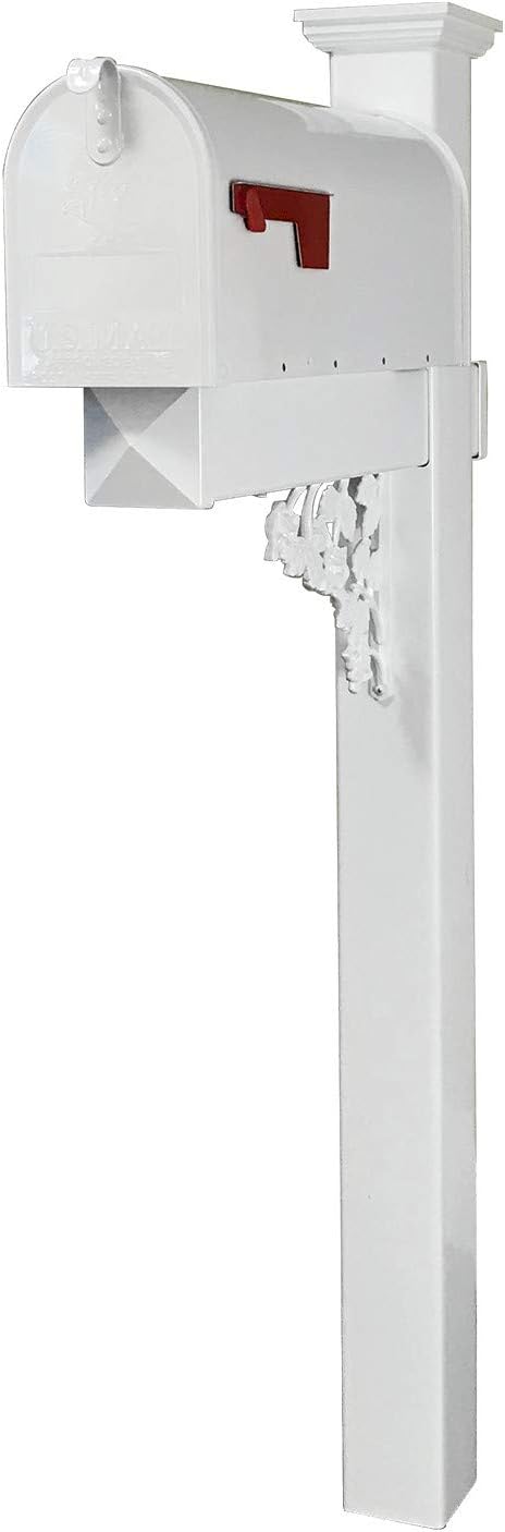 The Mckinley Vinyl/PVC Mailbox Post (Includes Mailbox) Complete Decorative Curbside Mailbox System with Classic Traditional Style (White Mailbox)