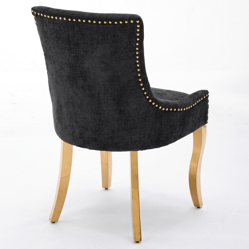 Chenille Dining Chairs Set of 2, Modern Upholstered Accent Chairs with Curved Gold-Plated Legs & Rivet Trim, Textured Fabric, One-Piece Structure for Dining/Lounge(Black + Chenille)