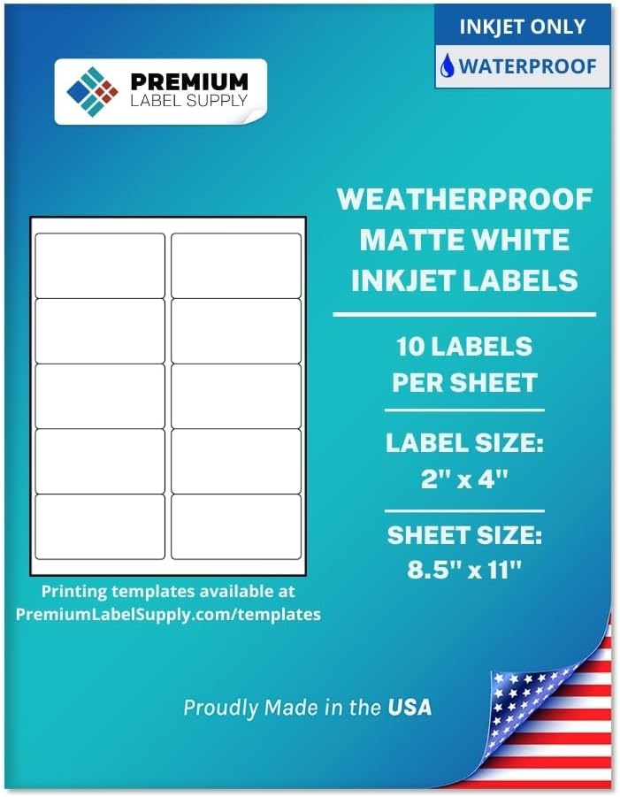 Premium Label Supply Waterproof White Address Sticker Labels – 2' x 4' – Inkjet Printers Only – (10 per Sheet), 1000 Sheets - 10,000 Total Adhesive Labels