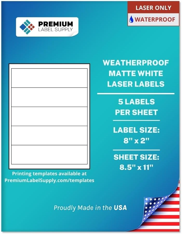 Premium Label Supply Waterproof Matte White Water Bottle Labels – 8' x 2' – Laser Printers Only – (5 per Sheet), 500 Sheets - 2,500 Total Adhesive Labels