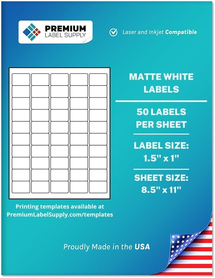 Premium Label Supply White Sticker Barcode Labels – 1.5' x 1' – Laser/Inkjet Compatible – (50 per Sheet), 1000 Sheets – 50,000 Total Adhesive Labels