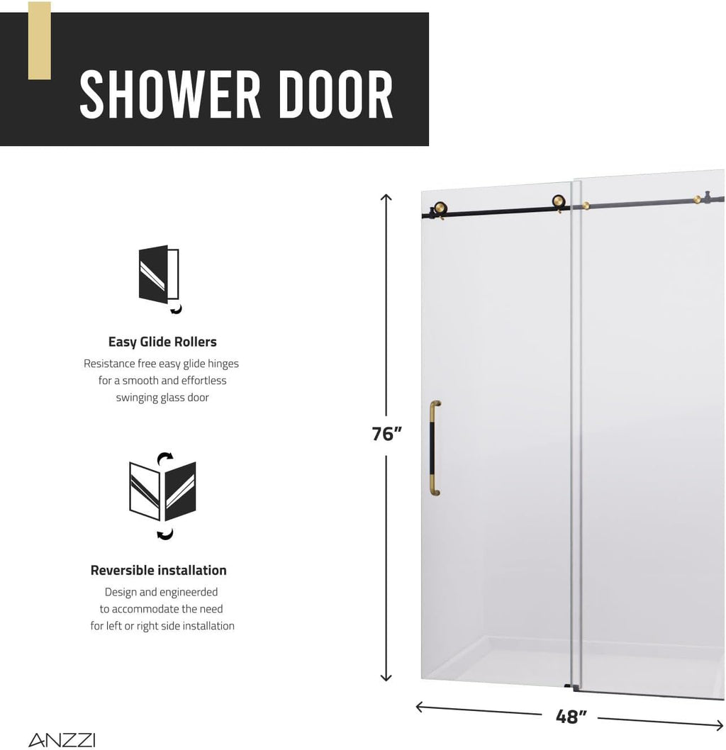ANZZI Frameless Shower Door 76' x 48' Frameless Shower Door with Sliding - Matte Black and Brushed Gold - Madam Series (SD-AZ13-01MBBG)