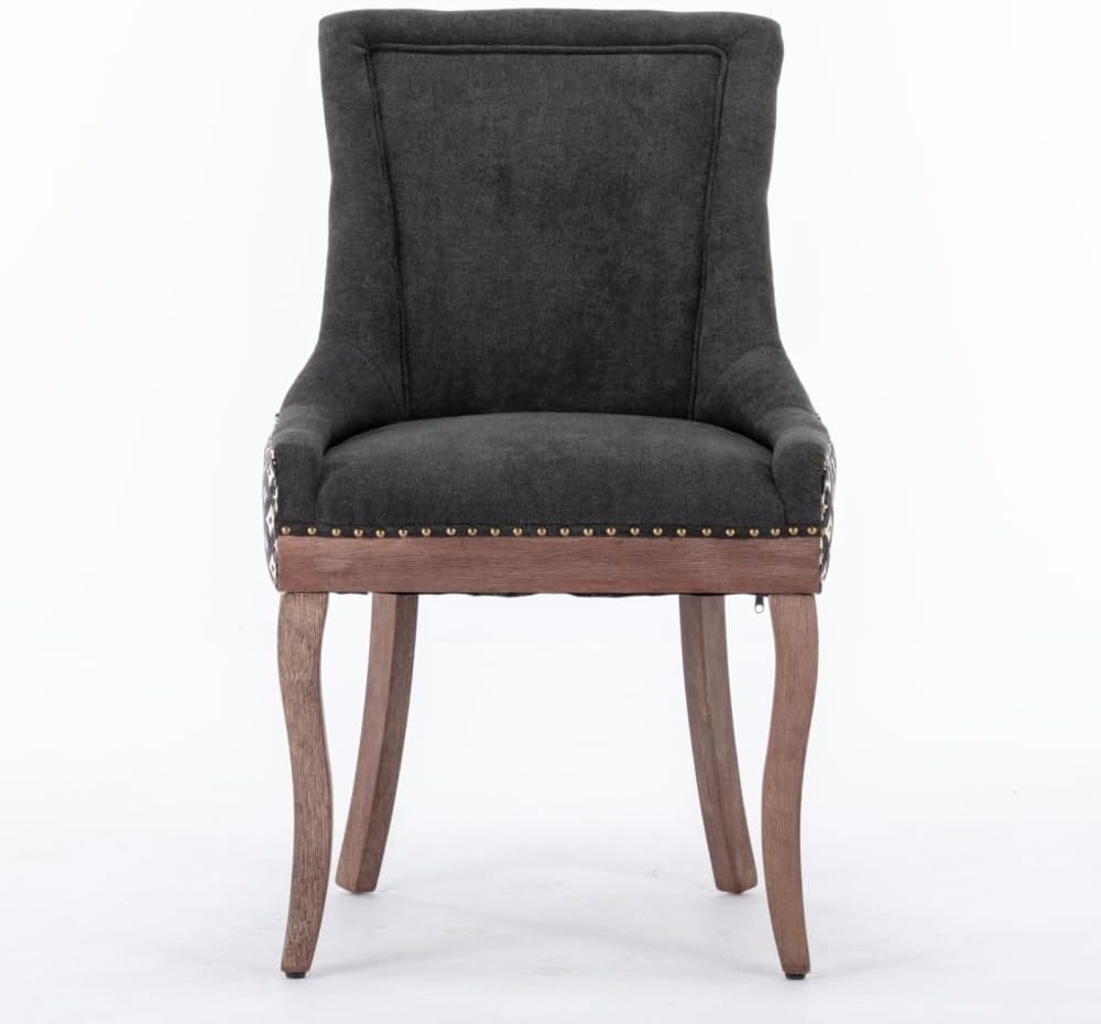 Dining Chairs Set of 2, Thickened Fabric Upholstered Chair with Neutral Solid Wood Legs & Bronze Nailhead Trim, Comfortable Accent Chairs for Dining Room/Kitchen/Living Space(Black+ Patterned+ Fabric)