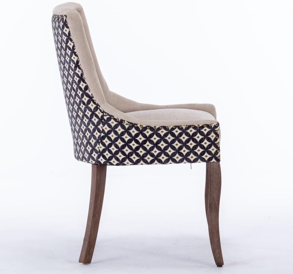 Dining Chairs Set of 2, Thickened Fabric Upholstered Chair with Neutral Solid Wood Legs & Bronze Nailhead Trim, Comfortable Accent Chairs for Dining Room/Kitchen/Living Space(Beige+Patterned + Fabric)