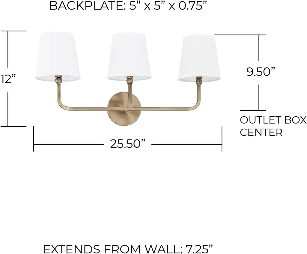 Capital Lighting 119331AD-674 Dawson Decorative White Fabric Stay-Straight Shade Bath Vanity Wall Mount, 3-Light 180 Total Watts, 12' H x 26' W, Aged Brass