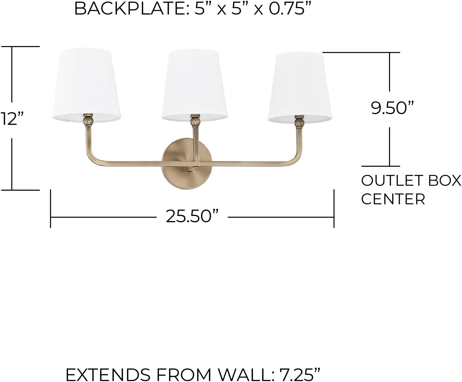 Capital Lighting 119331AD-674 Dawson Decorative White Fabric Stay-Straight Shade Bath Vanity Wall Mount, 3-Light 180 Total Watts, 12' H x 26' W, Aged Brass