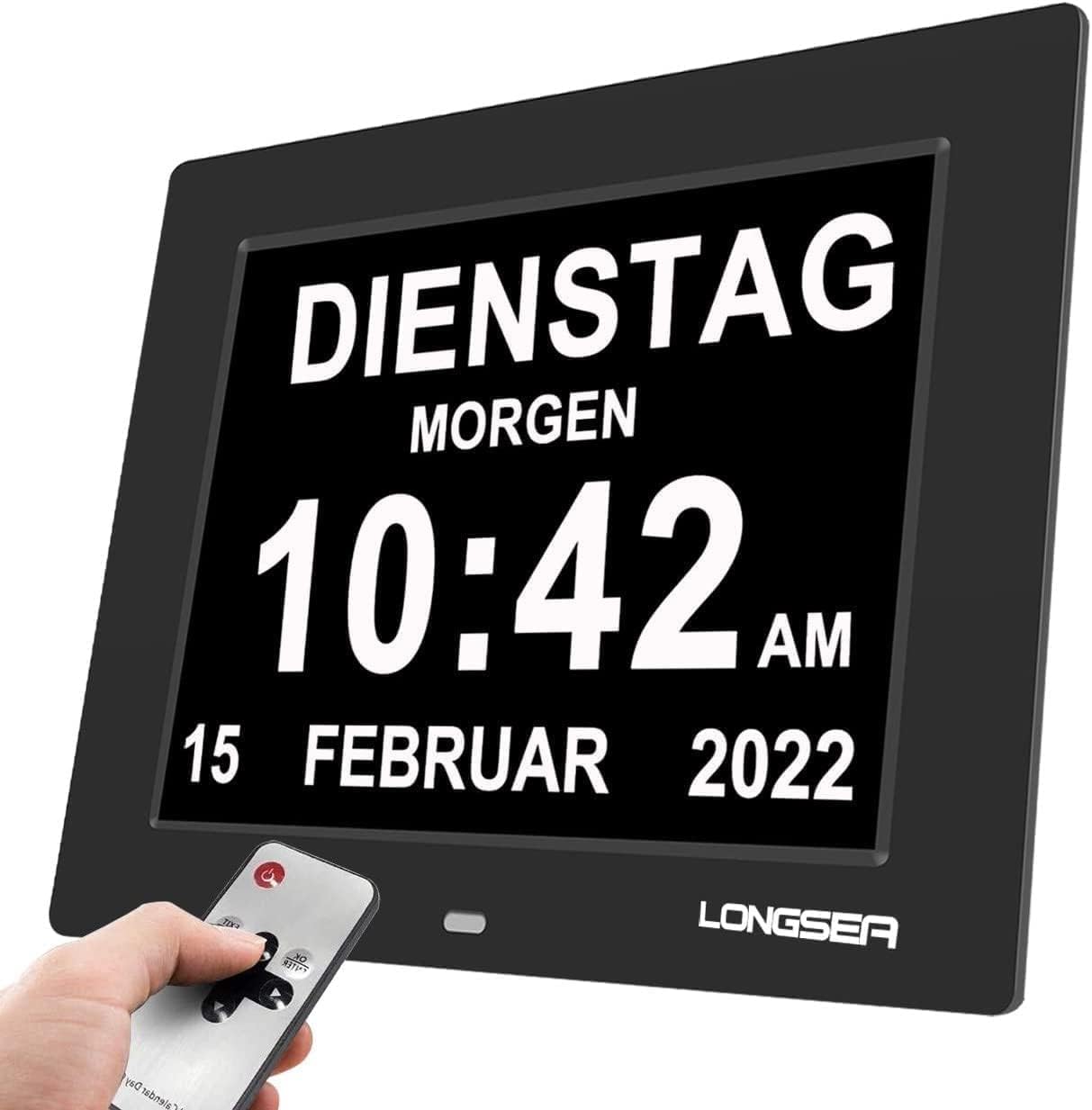 Dementia Clock,Remote Con Digital Calendar Day Alarm Clock,8 Alarms Dementia Clocks Extra Large Non-Abbreviated Alzheimer Memory Loss Vision Impaired Alarm Clock for Seniors Elderly ( Color : Black ,