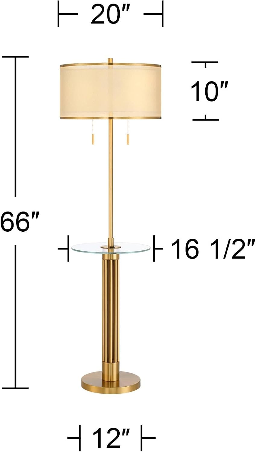 Possini Euro Design Granview Mid Century Modern 66' Tall Standing Floor Lamp with Glass Table USB Port Gold Metal Warm Brass Finish Living Room Bedroom House Reading Office Home Decor Entryway